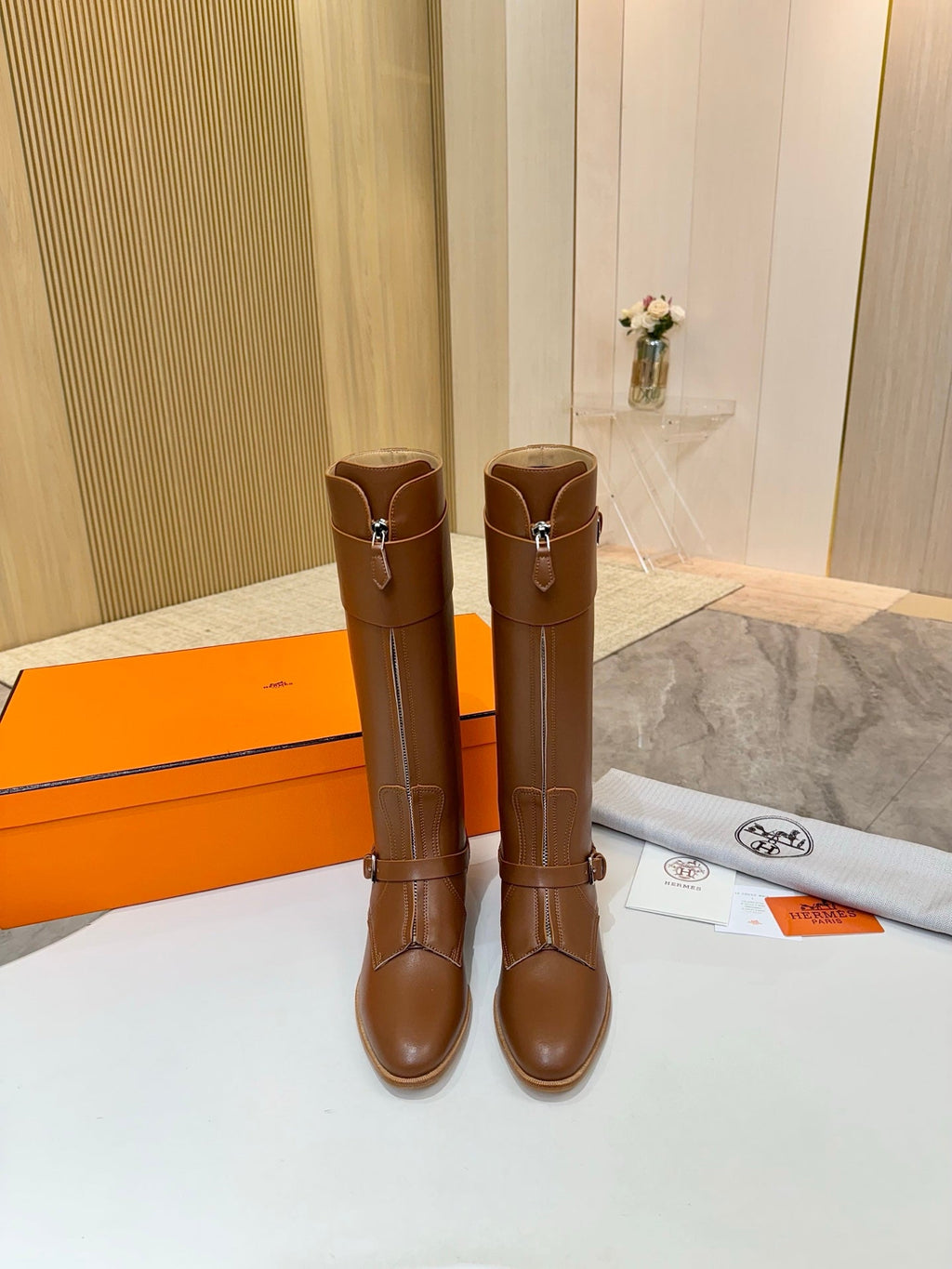 Hermes 25S Riding Boots in Brown Lambskin with Silver Hardware