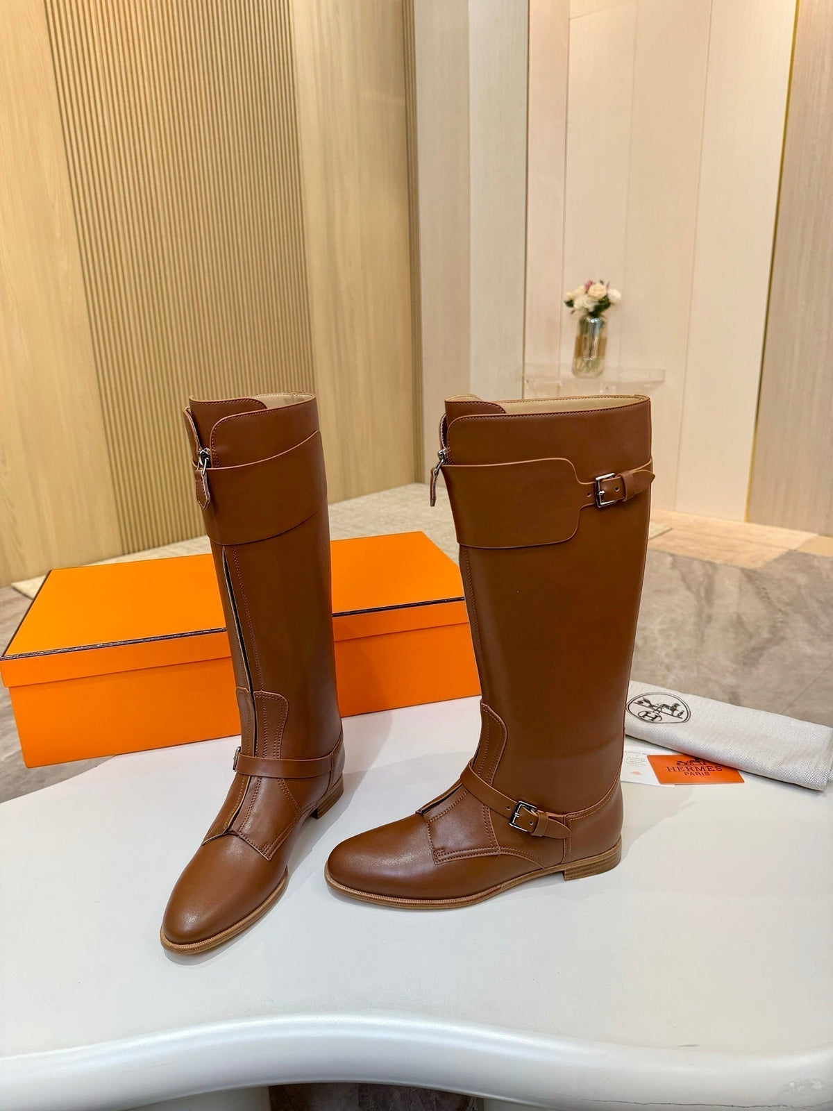 Hermes 25S Riding Boots in Brown Lambskin with Silver Hardware