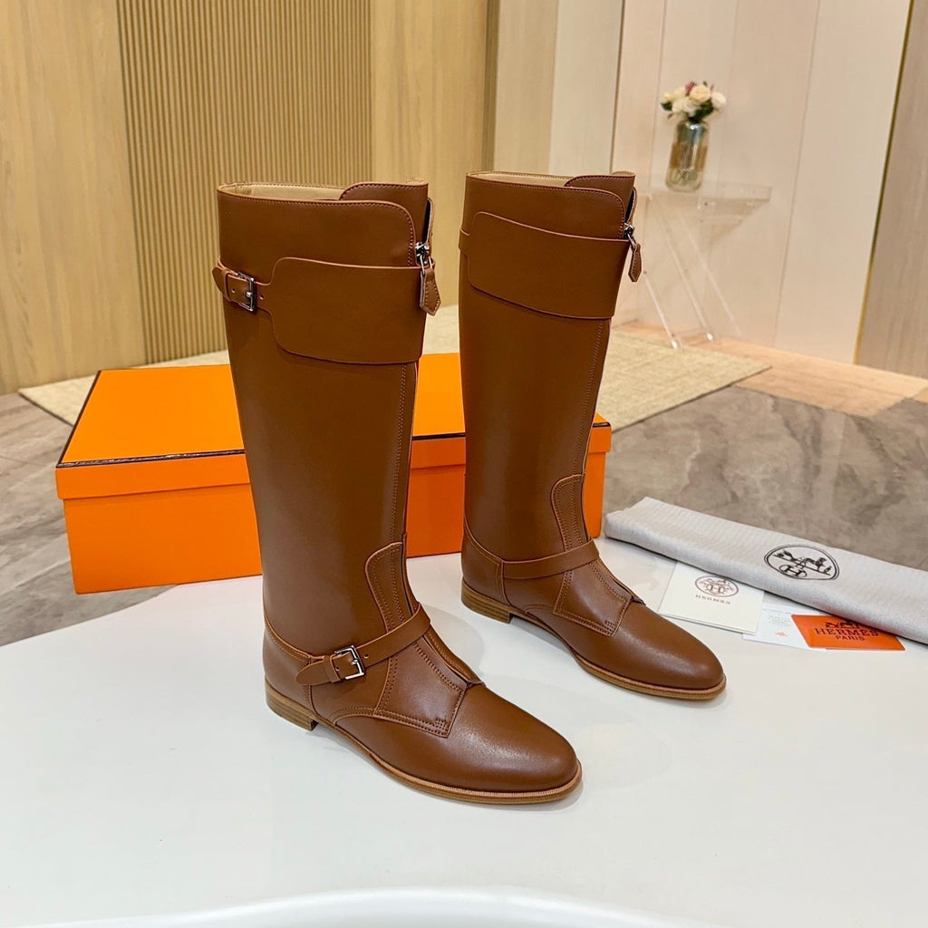 Hermes 25S Riding Boots in Brown Lambskin with Silver Hardware