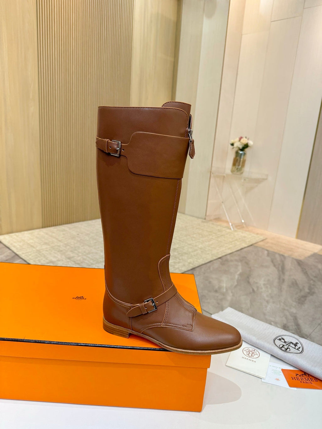 Hermes 25S Riding Boots in Brown Lambskin with Silver Hardware