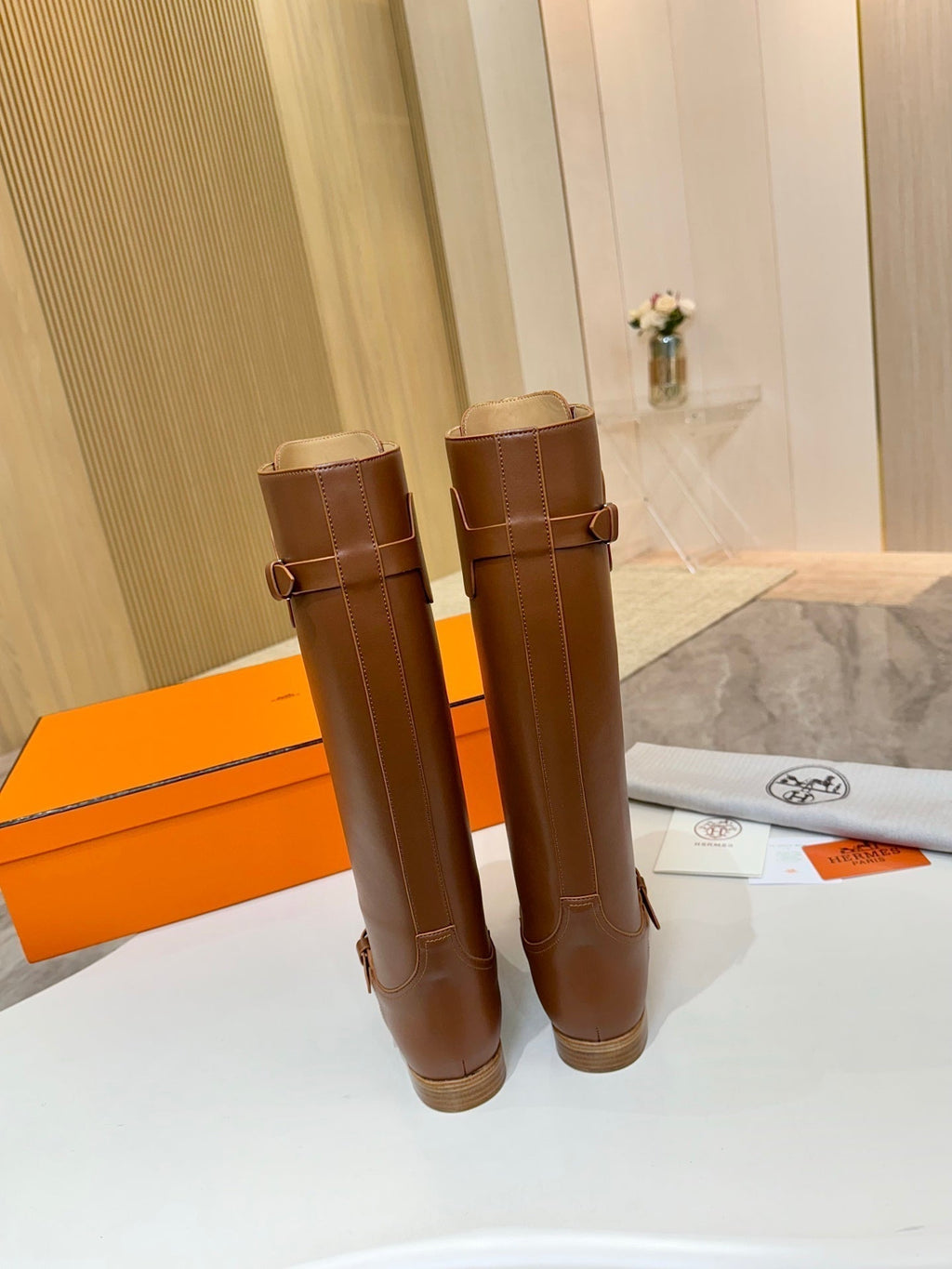 Hermes 25S Riding Boots in Brown Lambskin with Silver Hardware