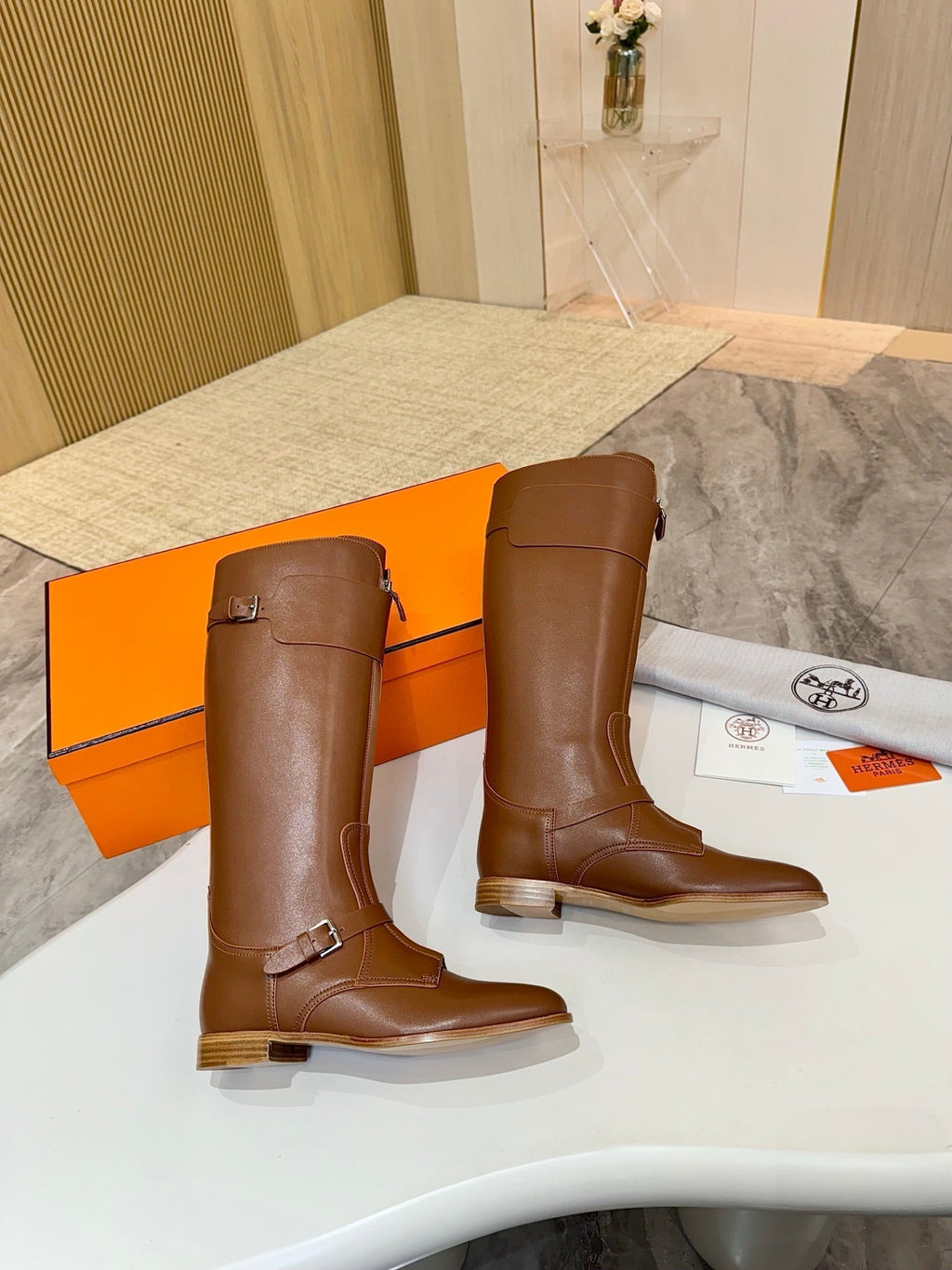 Hermes 25S Riding Boots in Brown Lambskin with Silver Hardware