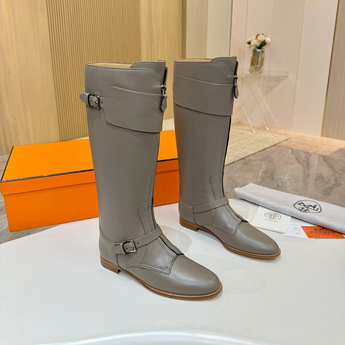 Hermes 25S Riding Boots in Grey Lambskin with Silver Hardware