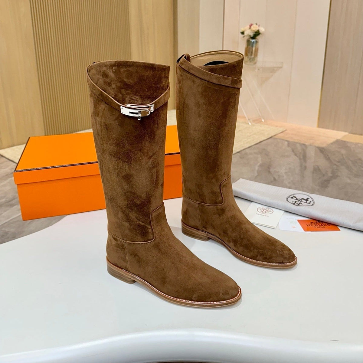 Hermes 25S Jumping Knee-High Boots in Brown Suede with Silver Hardware