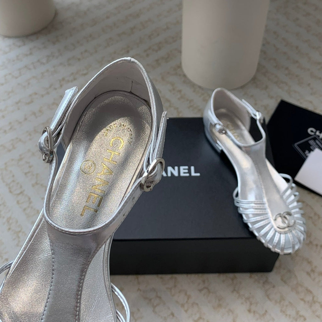 Chanel Summer New Hollow Roman Sandals Silver Sheepskin