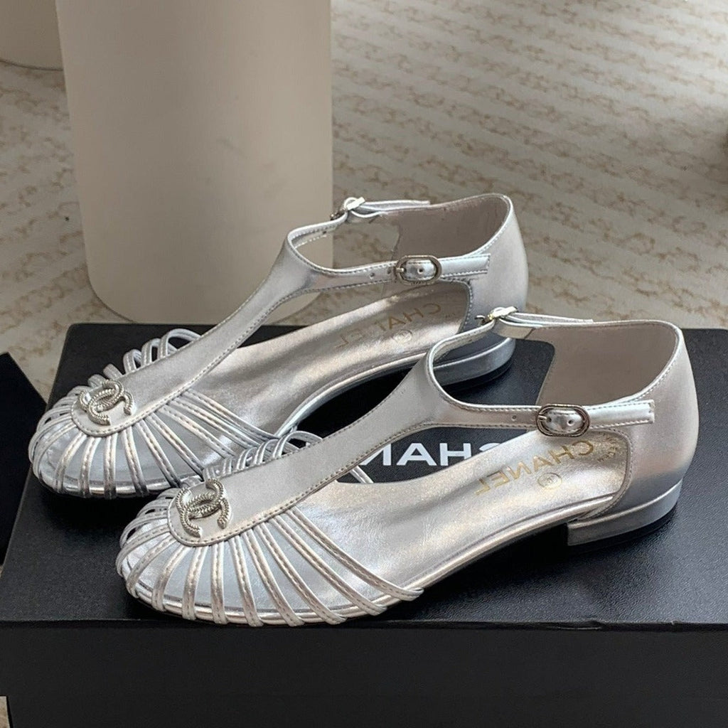 Chanel Summer New Hollow Roman Sandals Silver Sheepskin