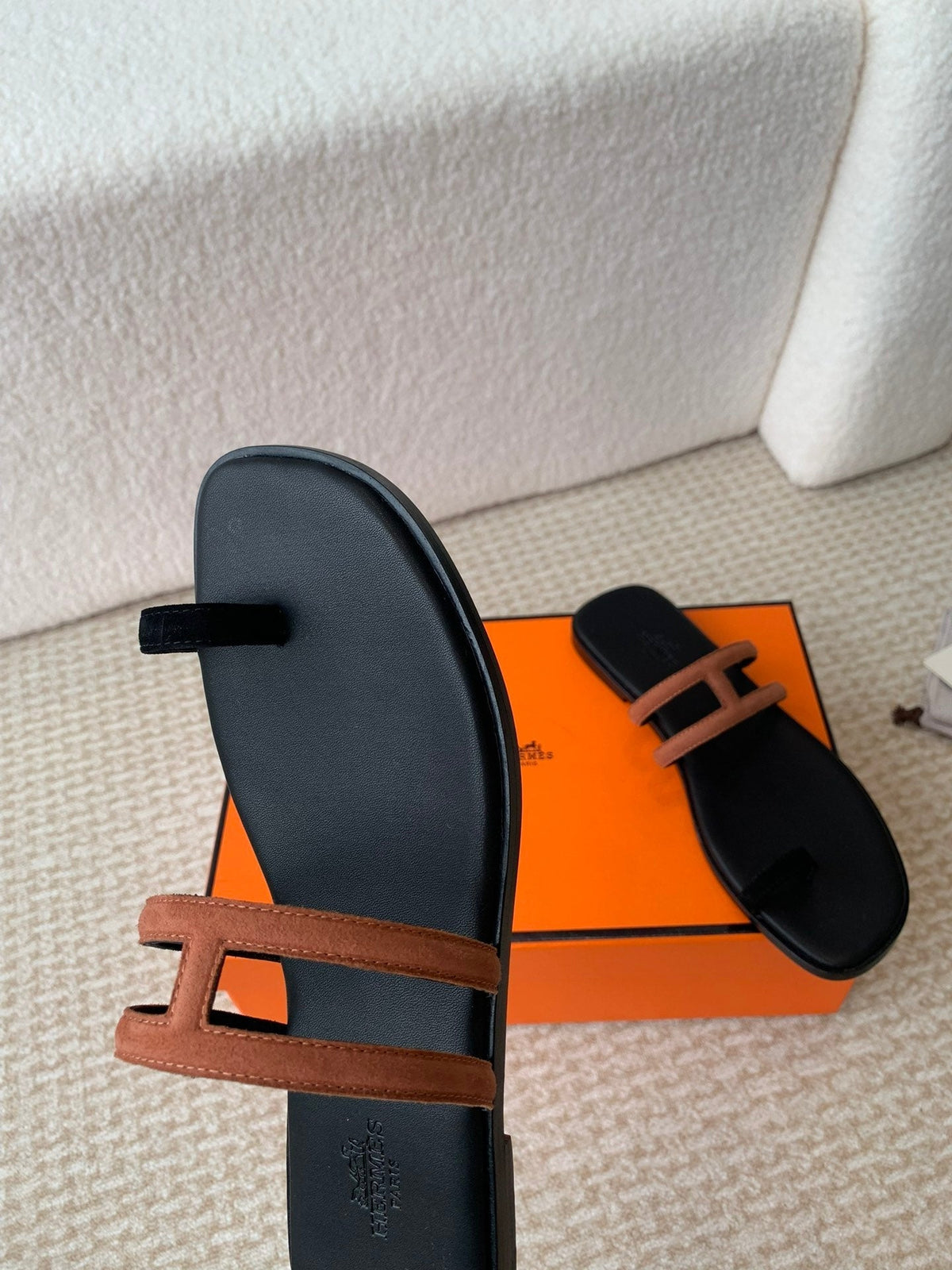 Hermes Georgia Sandals Black Mix Brown Calfskin