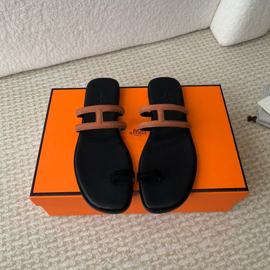 Hermes Georgia Sandals Black Mix Brown Calfskin
