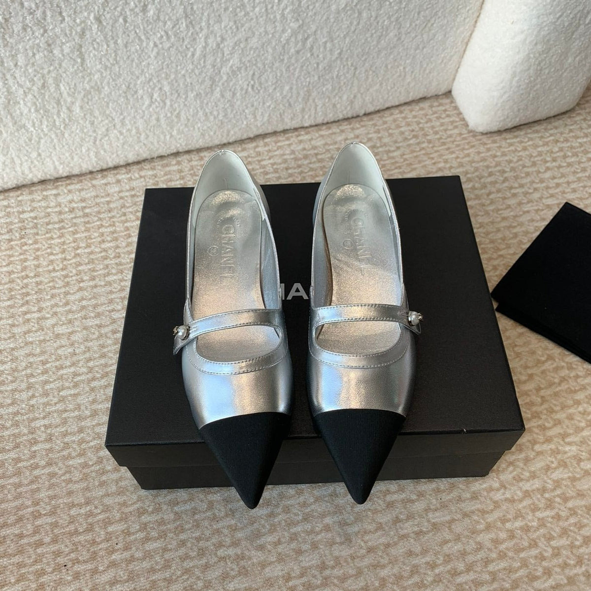 Chanel Pointed Toe Mary Jane Shoes Silver Mix Black Lambskin