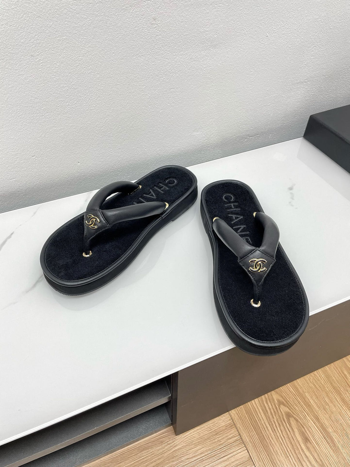Chanel Thong Slippers in Black Lambskin