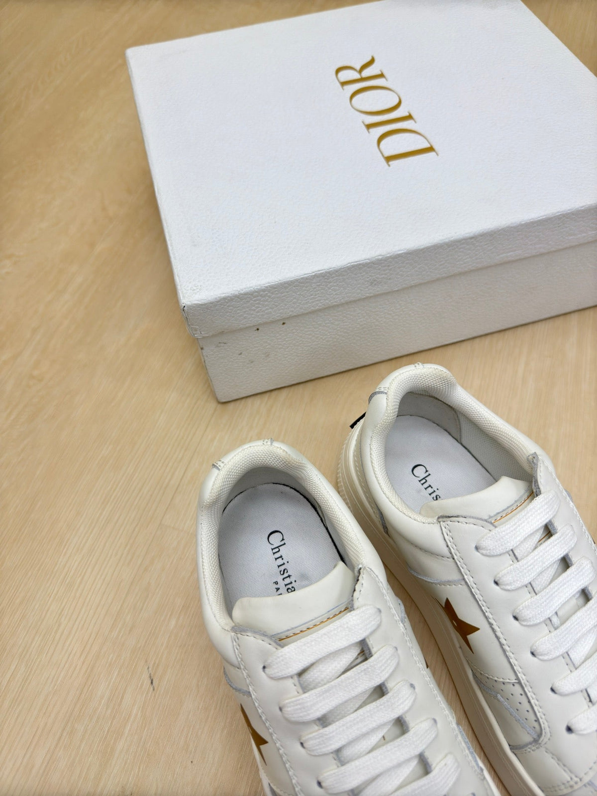 Dior Gold Star Platform Sneaker in White Calfskin and Suede
