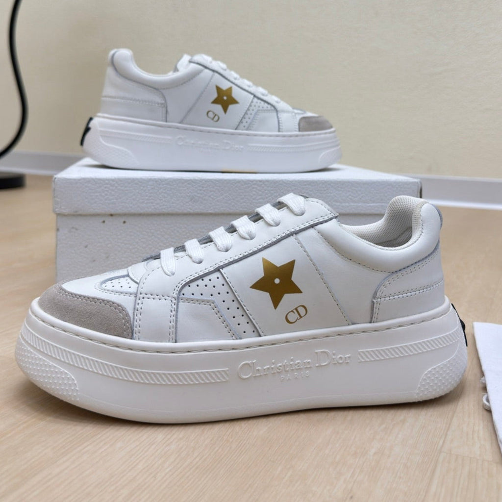 Dior Gold Star Platform Sneaker in White Calfskin and Suede