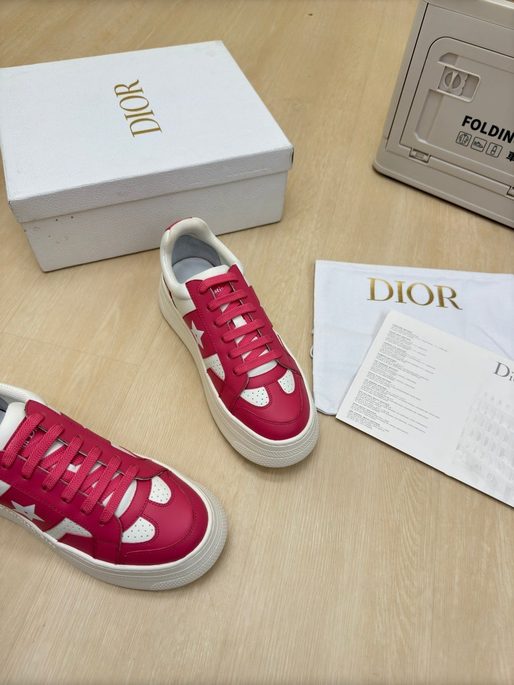 Dior Star Platform Sneaker in White Mix Red Pink Calfskin