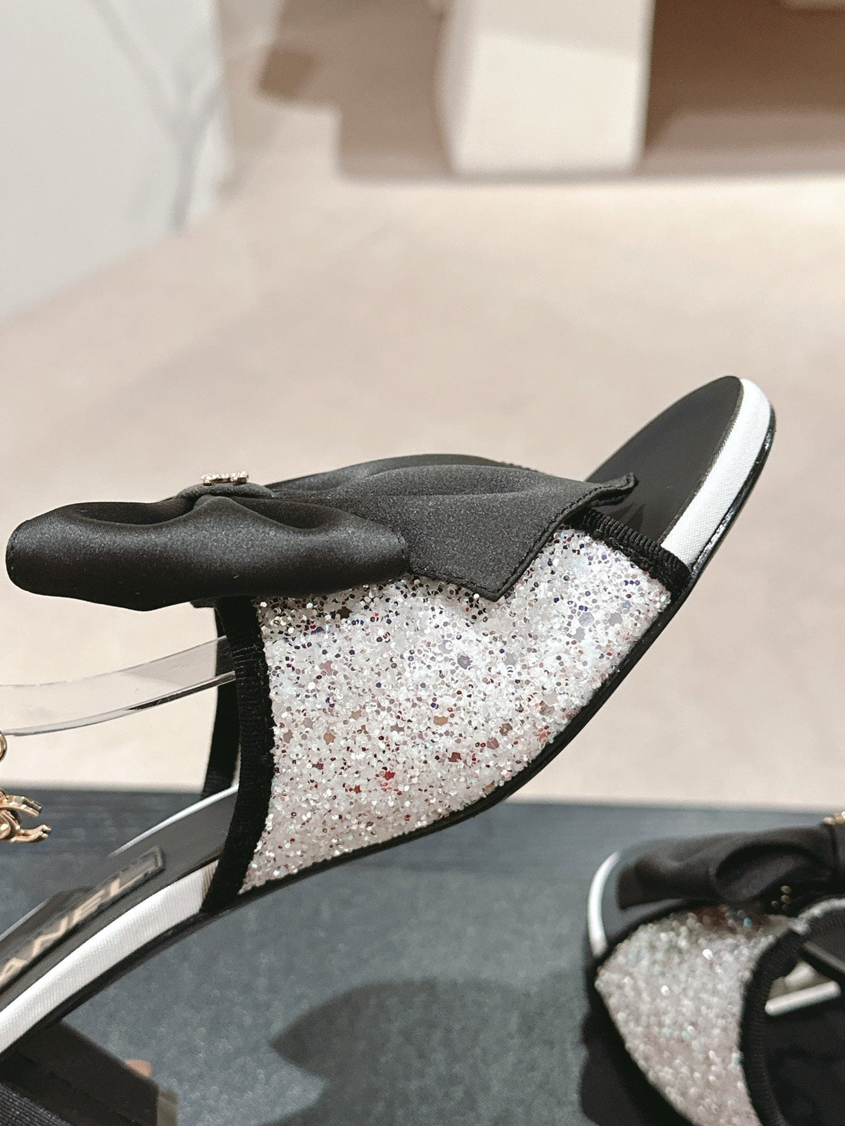 Chanel High Sandal with Pearl Chain Black Lambskin with White Rhinestones