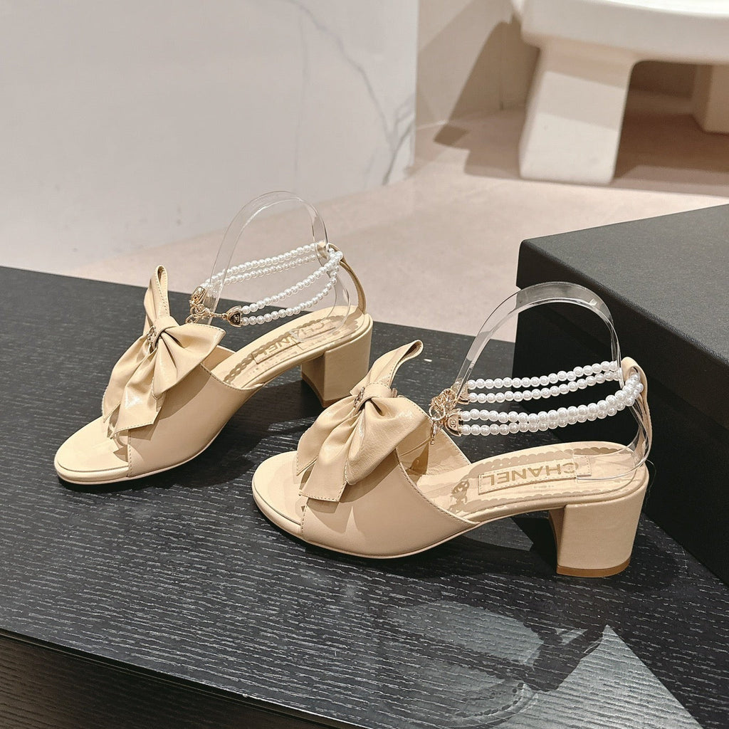 Chanel High Sandal with Pearl Chain in Beige Cream Lambskin