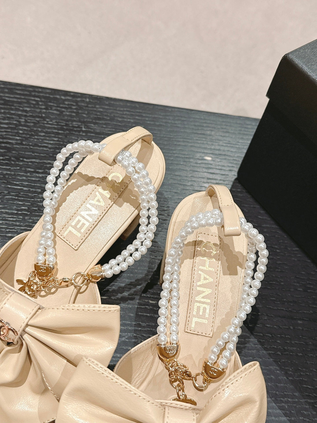 Chanel High Sandal with Pearl Chain in Beige Cream Lambskin