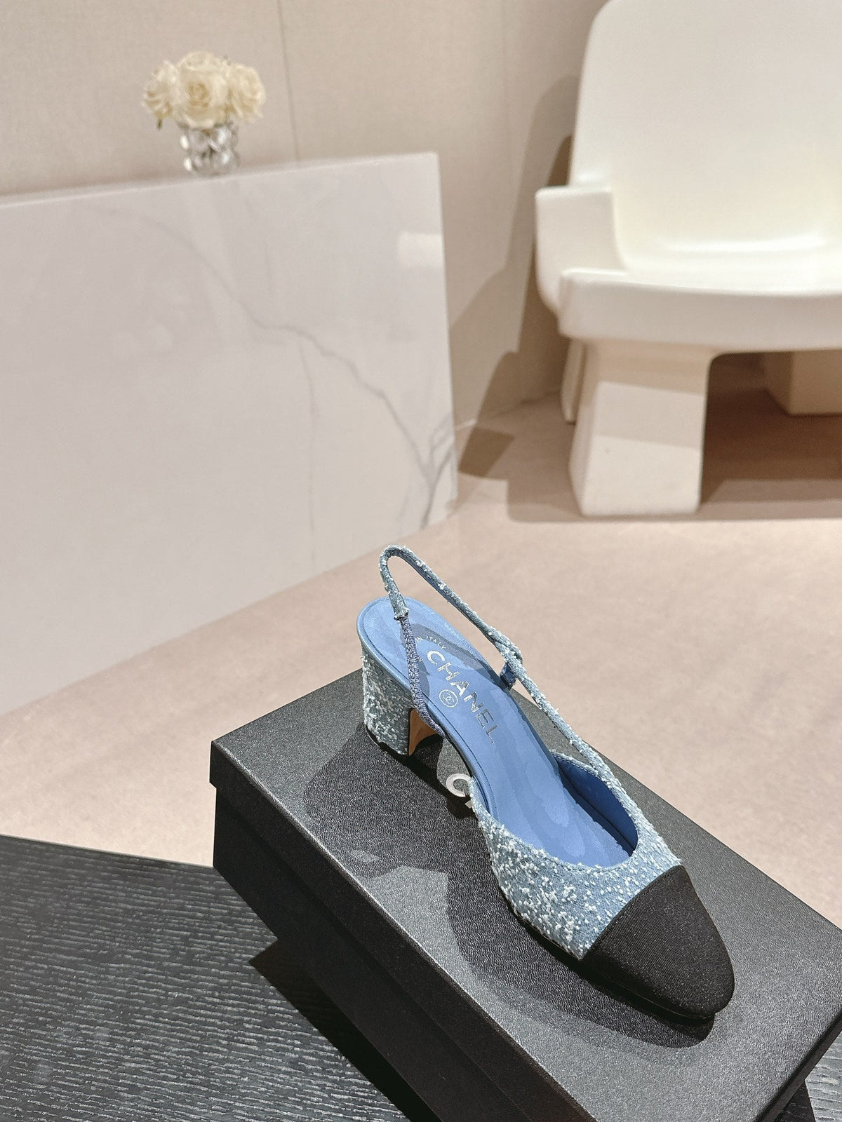 Chanel High Slingbacks in Light Blue Denim and Black Satin