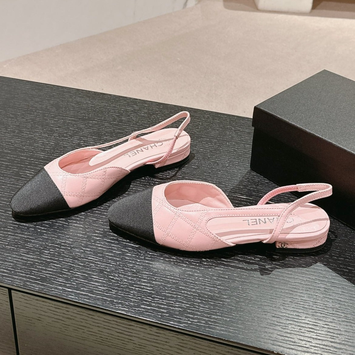 Chanel Slingbacks in Light Pink Lambskin and Black Satin