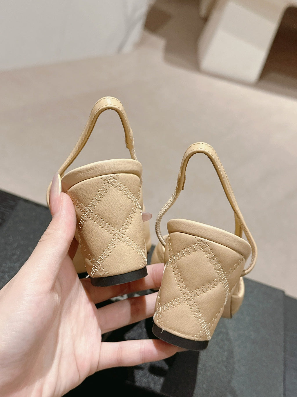 Chanel High Slingbacks in Beige Cream Lambskin and Black Satin
