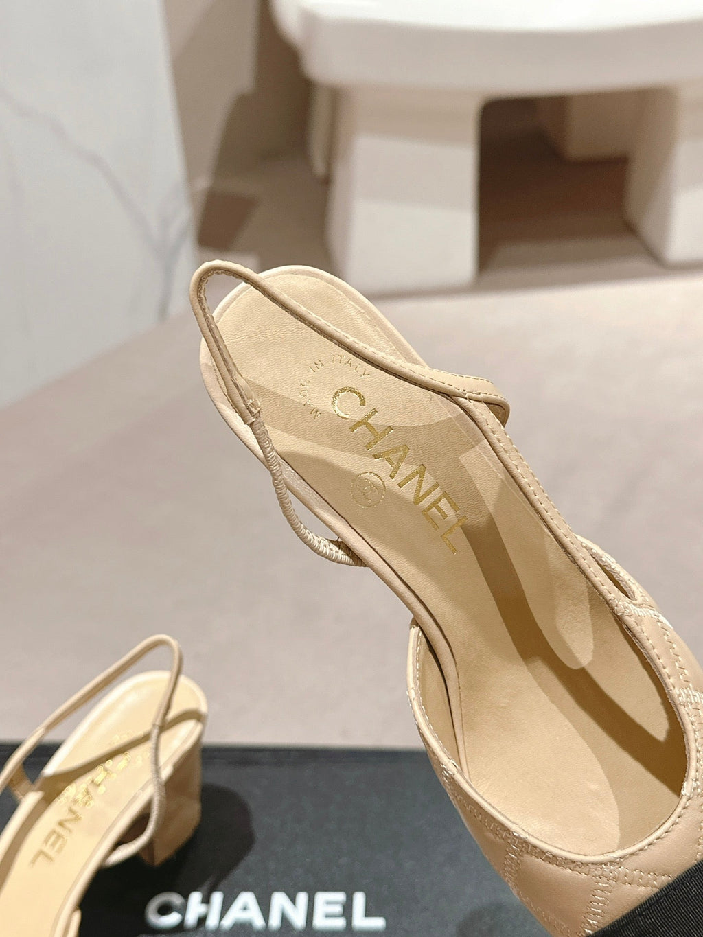 Chanel High Slingbacks in Beige Cream Lambskin and Black Satin