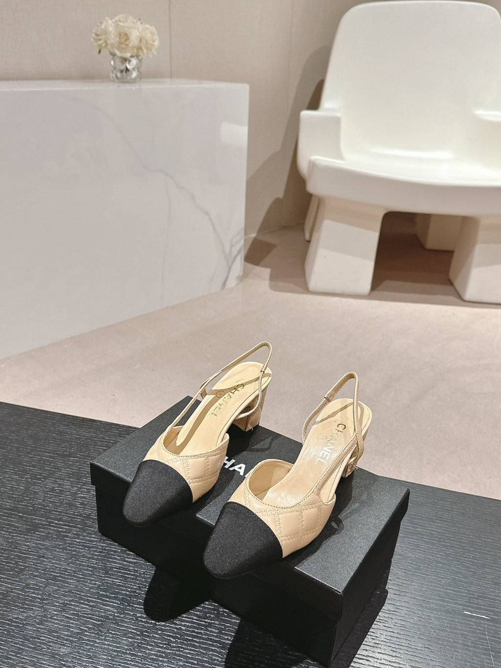 Chanel High Slingbacks in Beige Cream Lambskin and Black Satin
