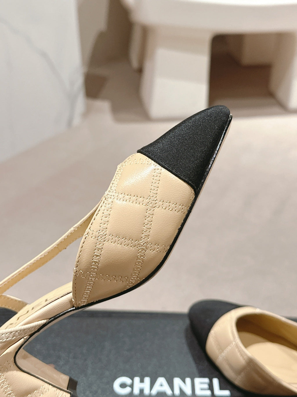Chanel High Slingbacks in Beige Cream Lambskin and Black Satin