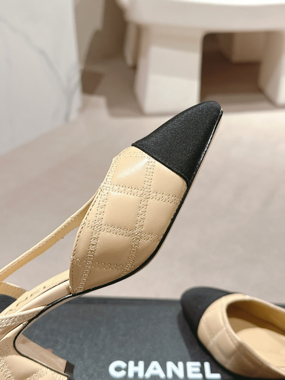 Chanel High Slingbacks in Beige Cream Lambskin and Black Satin