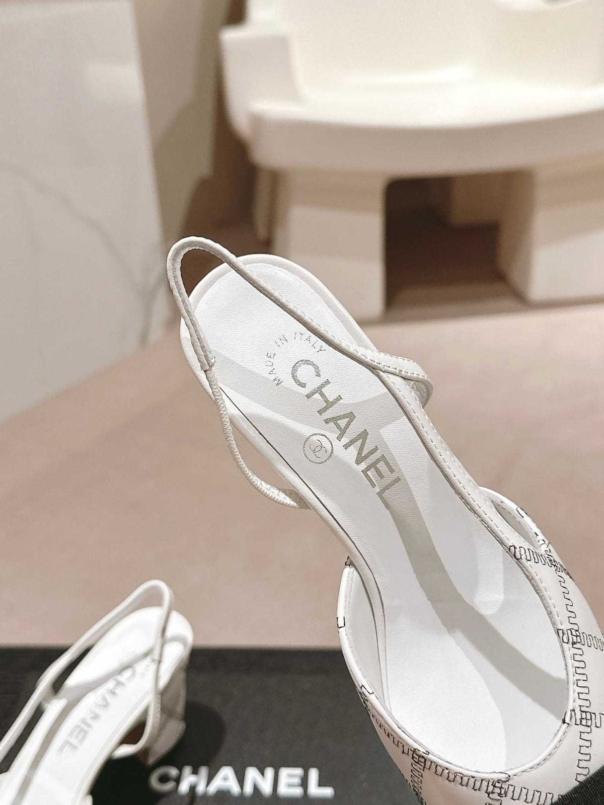 Chanel High Slingbacks in White Lambskin and Black Satin
