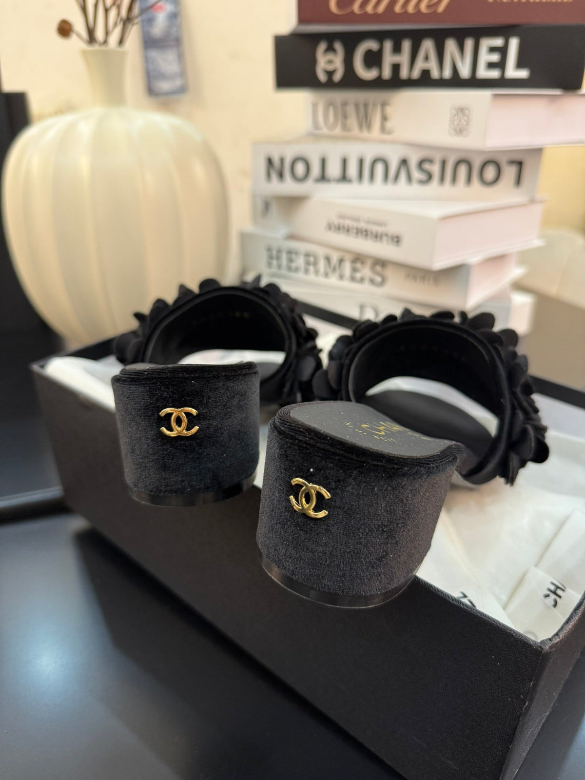 Chanel Mid Heel 45 mm Mule in Black Velvet