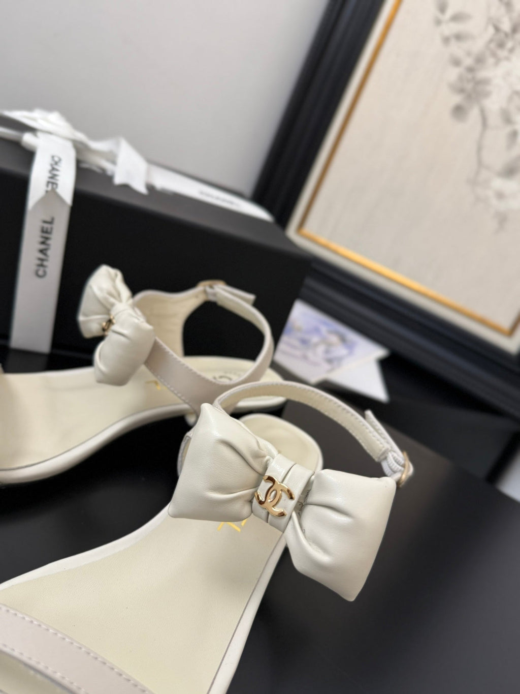 Chanel Flat Sandals in White Calfskin with Bow