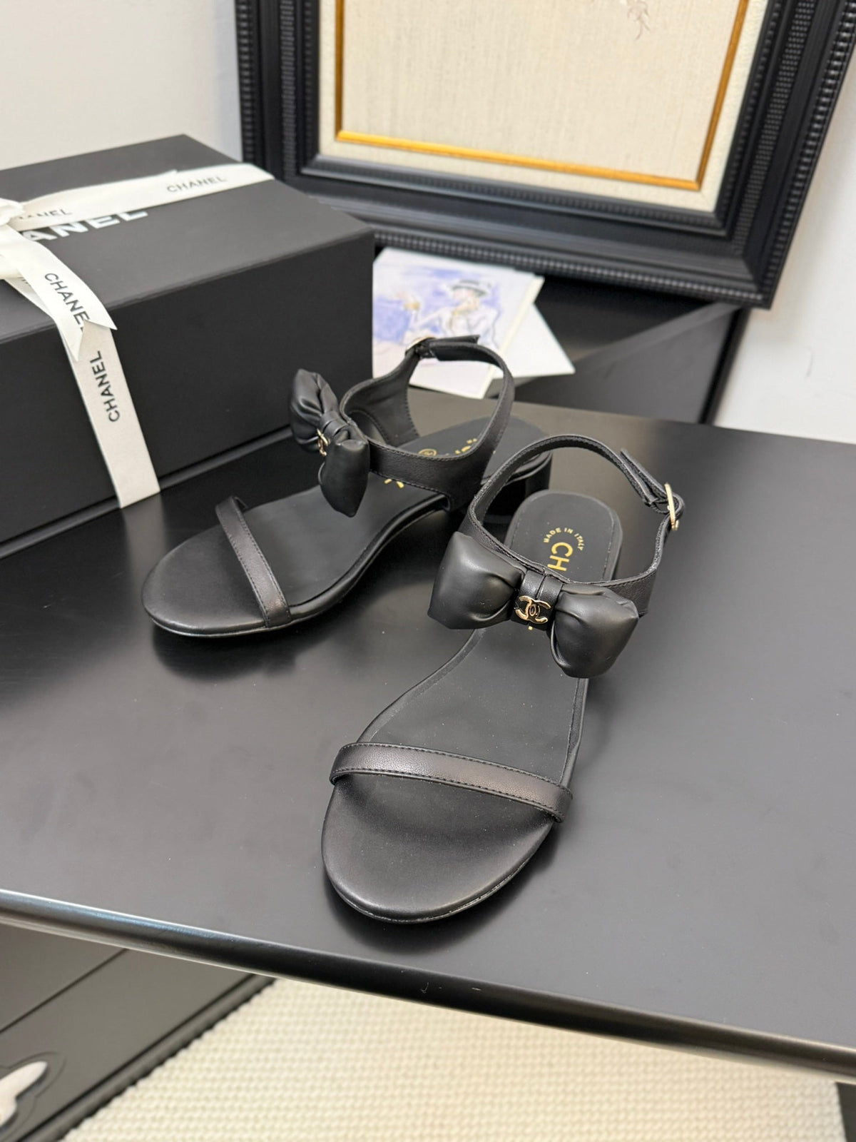 Chanel Flat Sandals in Black Calfskin with Bow