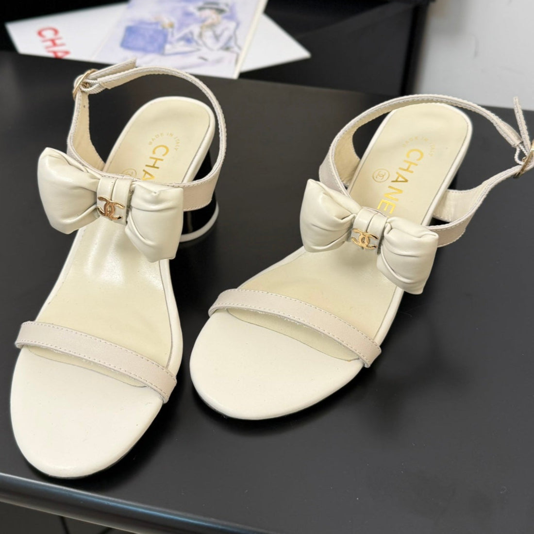 Chanel Mid Heel 45 mm Sandals in White Cream Calfskin