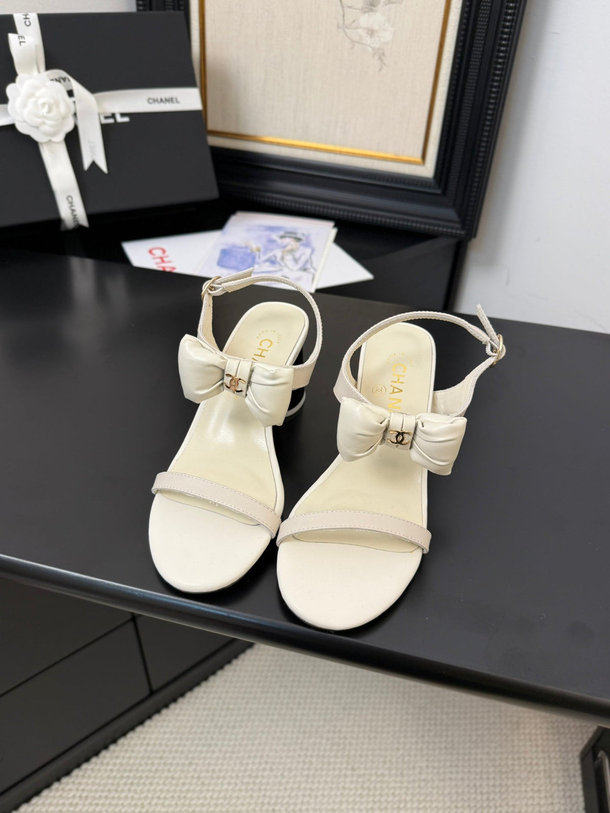 Chanel Mid Heel 45 mm Sandals in White Cream Calfskin