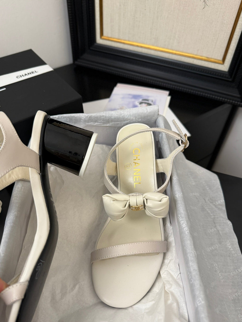 Chanel Mid Heel 45 mm Sandals in White Cream Calfskin