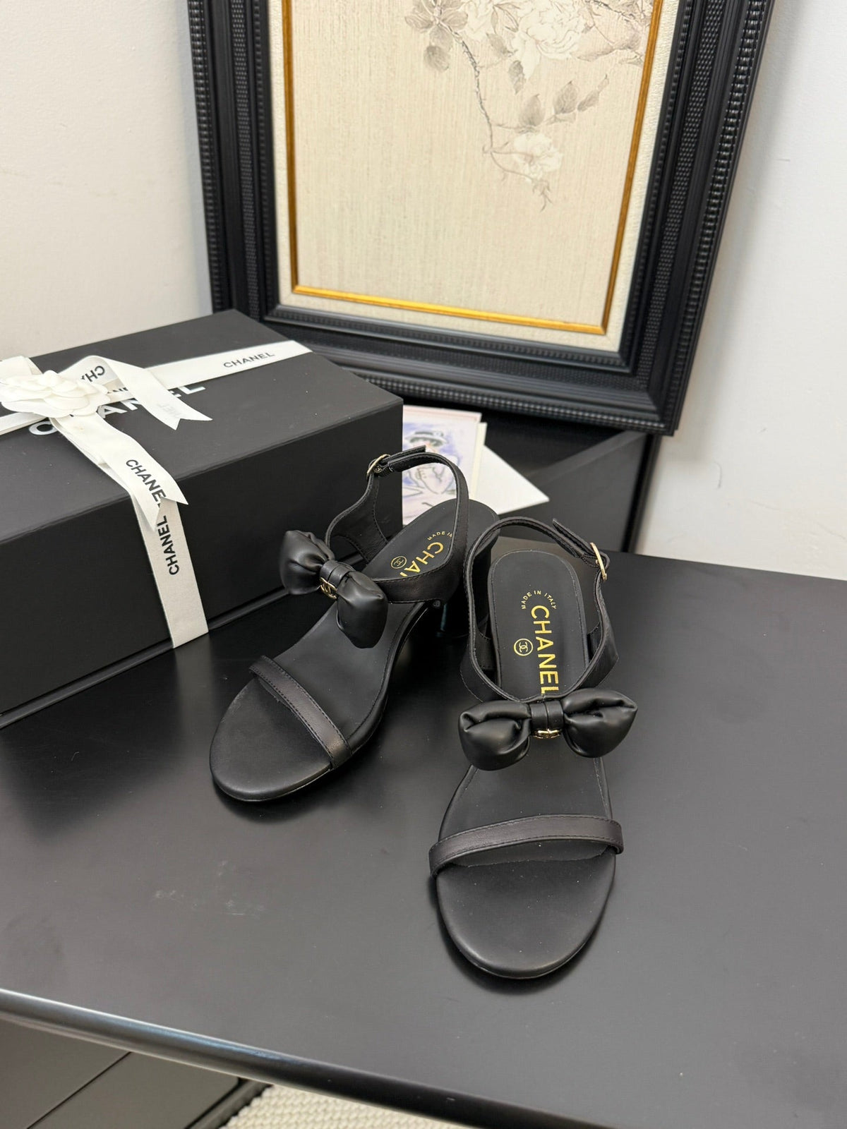 Chanel Mid Heel Sandals in Black Calfskin with Bow