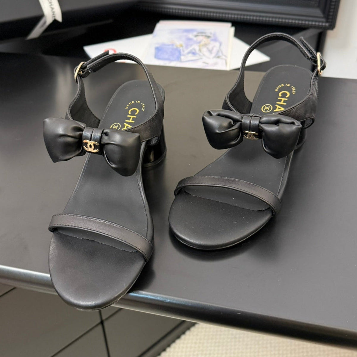 Chanel Mid Heel 45 mm Sandals in Black Calfskin