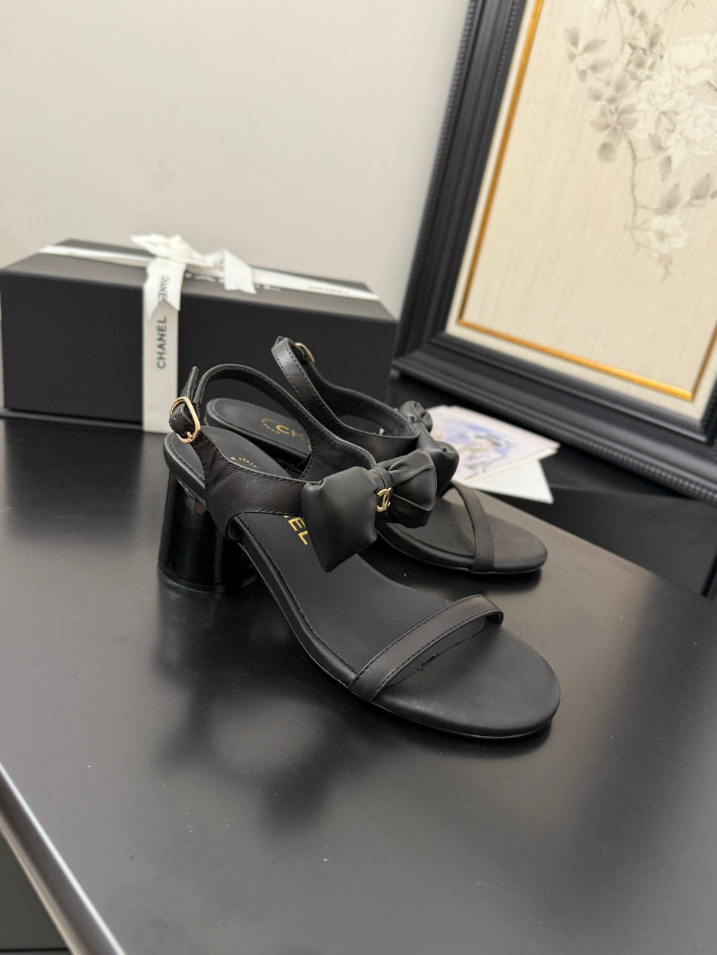 Chanel Mid Heel 45 mm Sandals in Black Calfskin