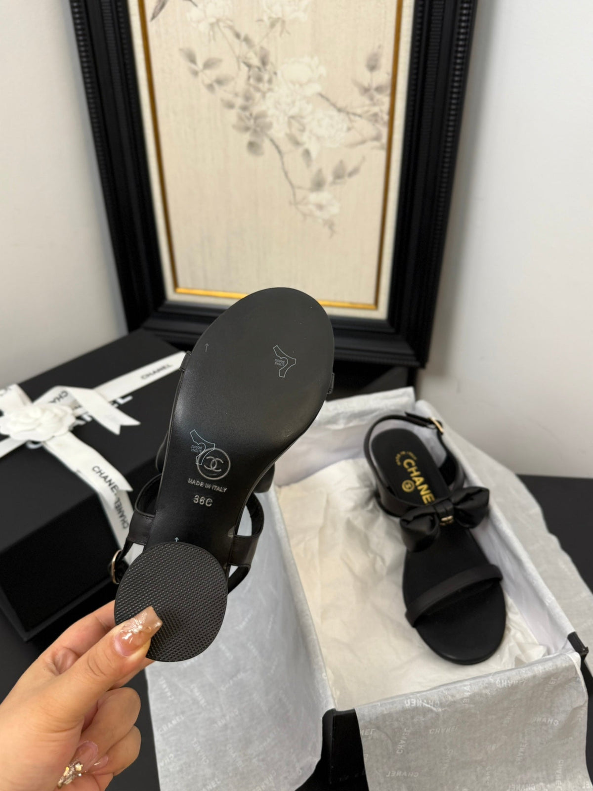 Chanel Mid Heel 45 mm Sandals in Black Calfskin