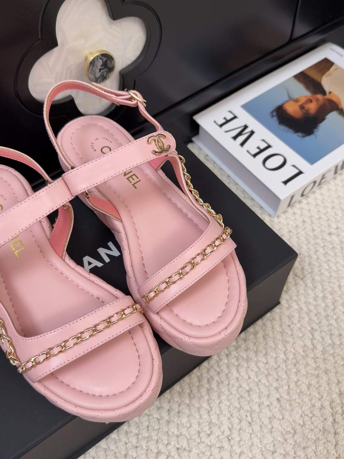 Chanel Thick-Soled Sandals 55 mm in Light Pink Calfskin