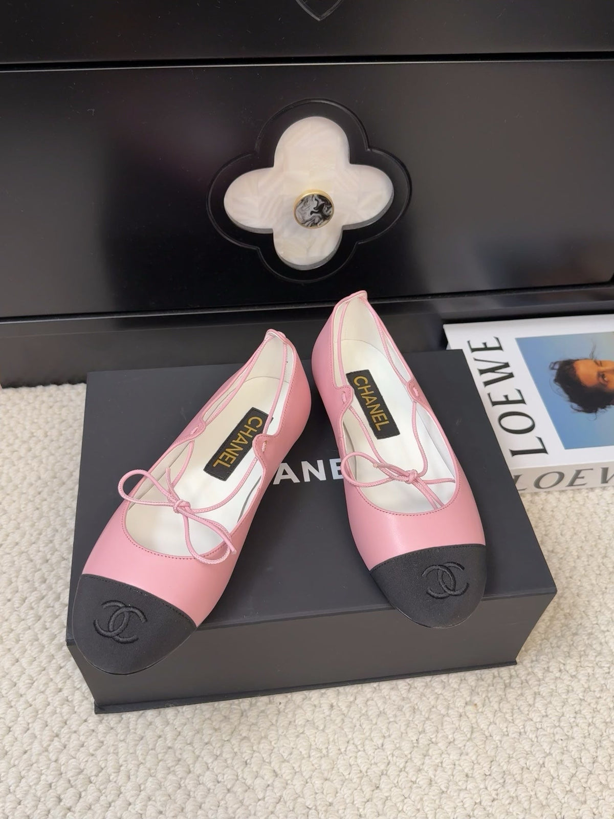 Chanel Flat Mary Jane Pumps in Baby Pink Lambskin Mix Black Fabric