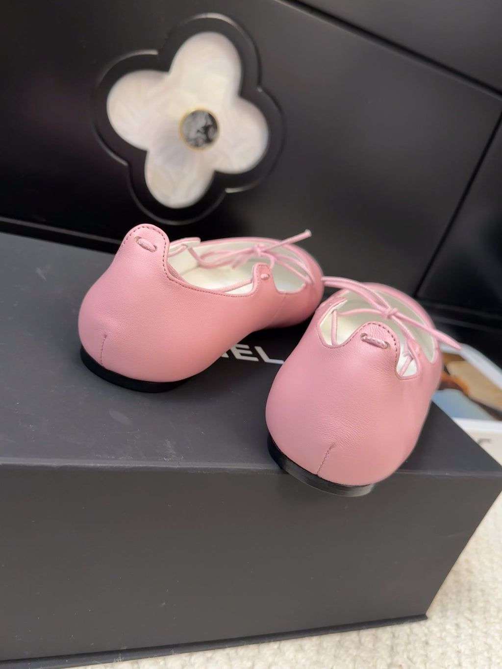 Chanel Flat Mary Jane Pumps in Baby Pink Lambskin Mix Black Fabric