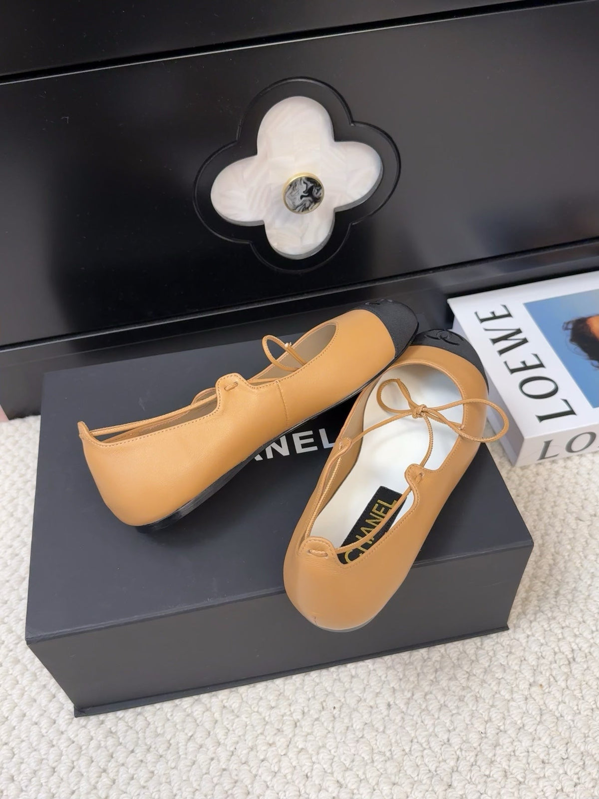 Chanel Flat Mary Jane Pumps in Dijon Yellow Lambskin Mix Black Fabric