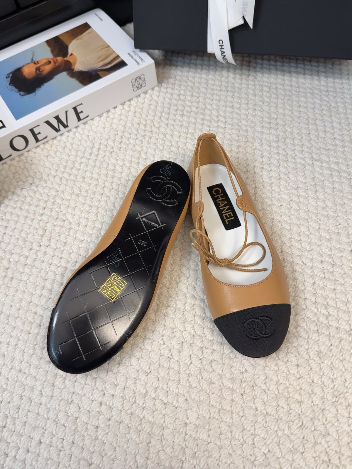 Chanel Flat Mary Jane Pumps in Dijon Yellow Lambskin Mix Black Fabric