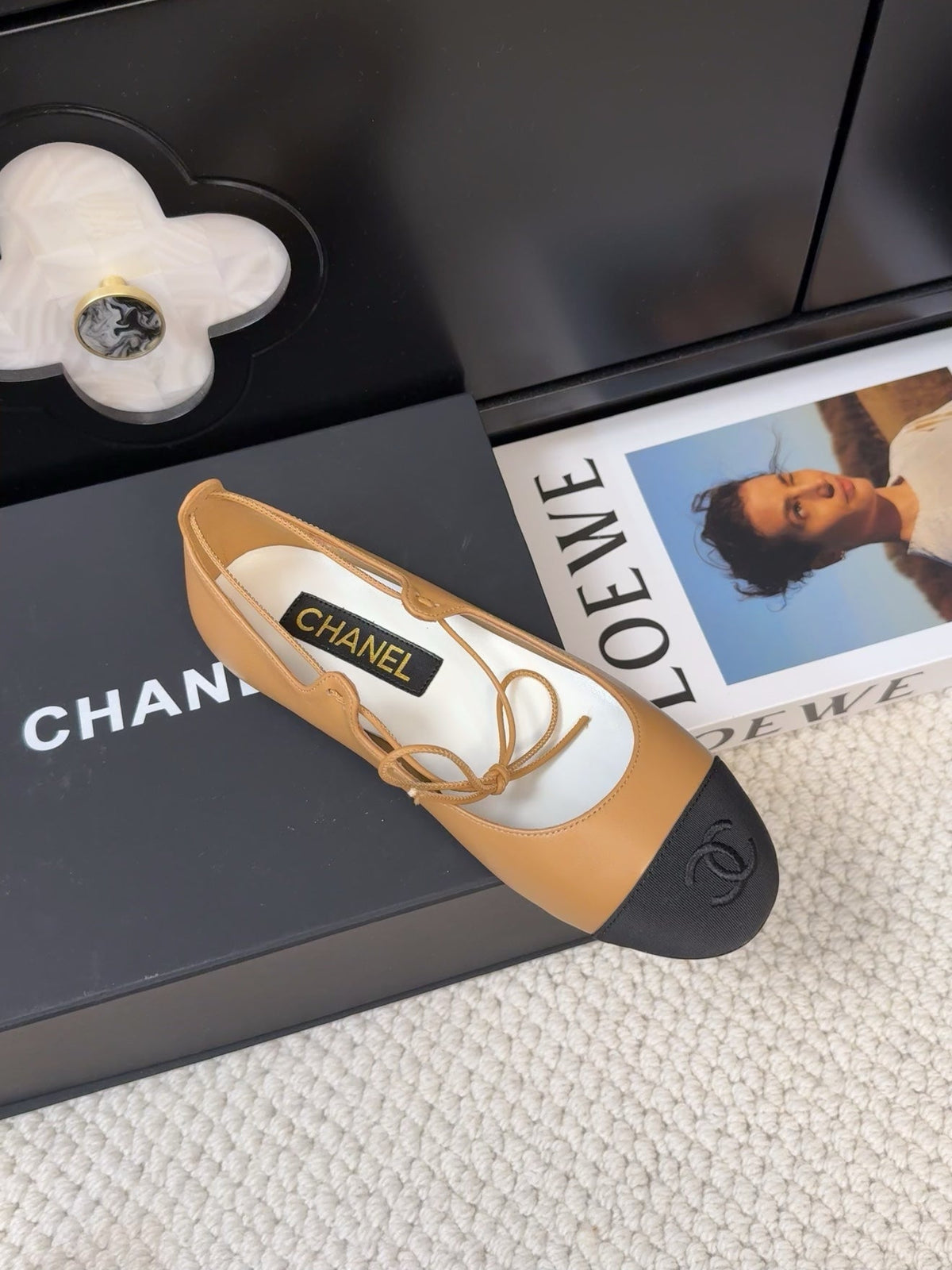 Chanel Flat Mary Jane Pumps in Dijon Yellow Lambskin Mix Black Fabric