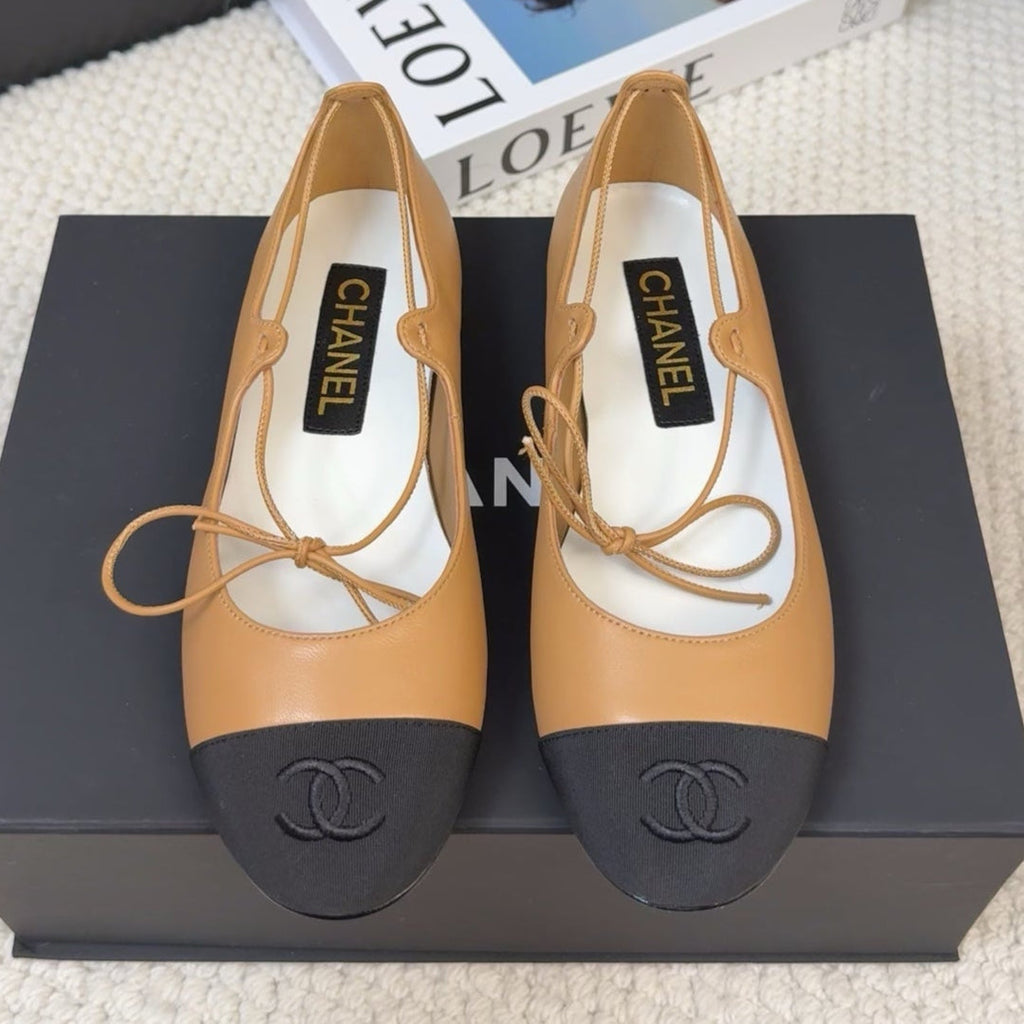 Chanel Flat Mary Jane Pumps in Dijon Yellow Lambskin Mix Black Fabric