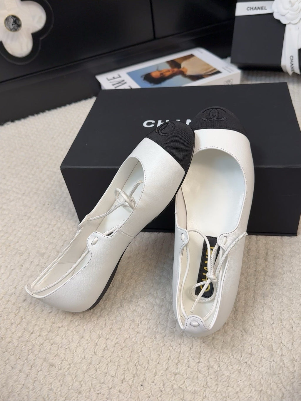Chanel Flat Mary Jane Pumps in White Lambskin Mix Black Fabric