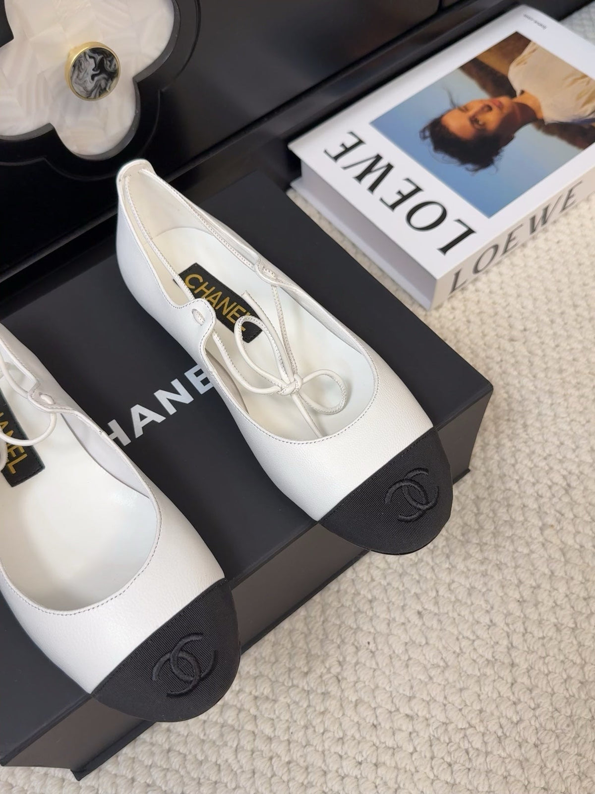 Chanel Flat Mary Jane Pumps in White Lambskin Mix Black Fabric