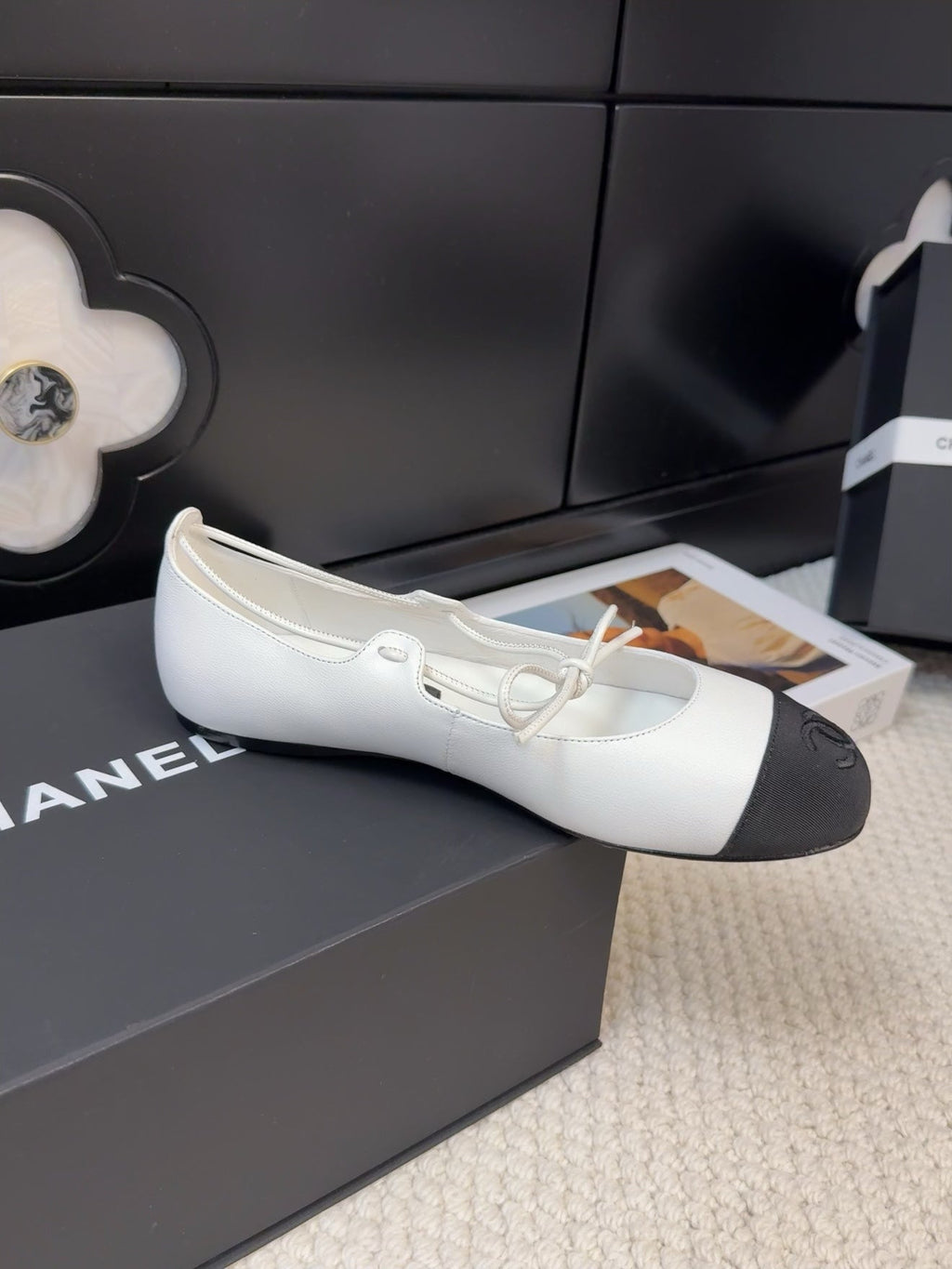 Chanel Flat Mary Jane Pumps in White Lambskin Mix Black Fabric