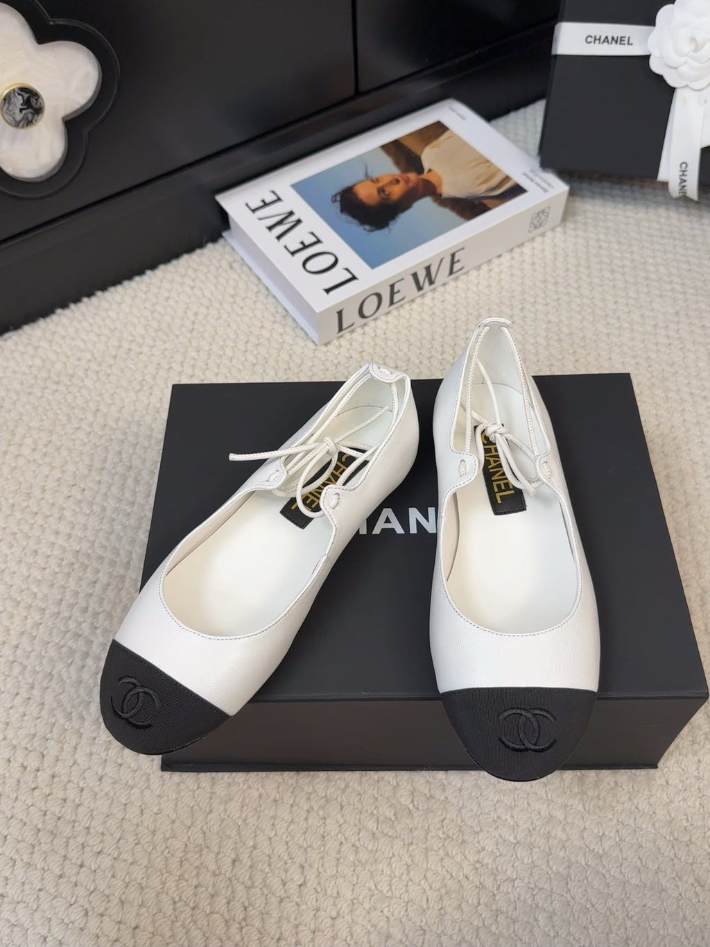 Chanel Flat Mary Jane Pumps in White Lambskin Mix Black Fabric