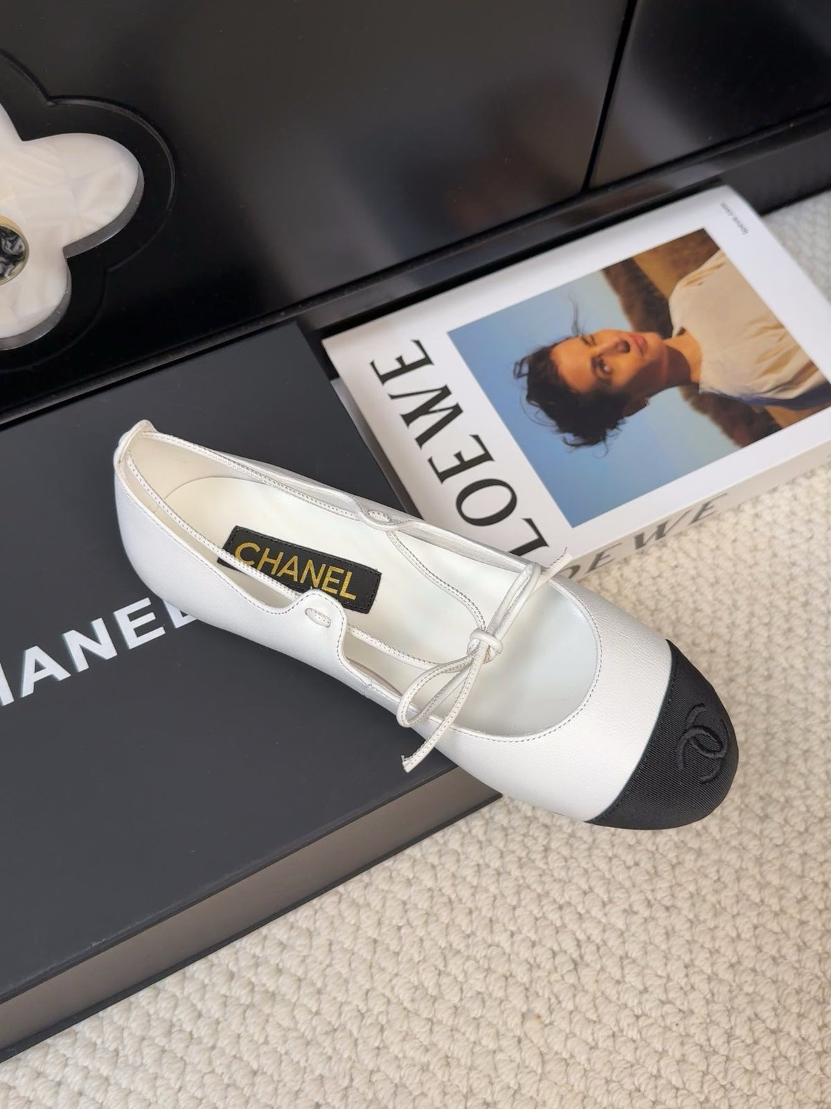Chanel Flat Mary Jane Pumps in White Lambskin Mix Black Fabric